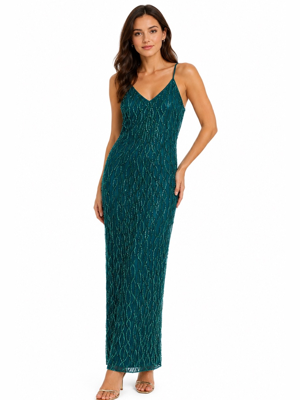 Laurence Kazar Teal Beaded Maxi Dress